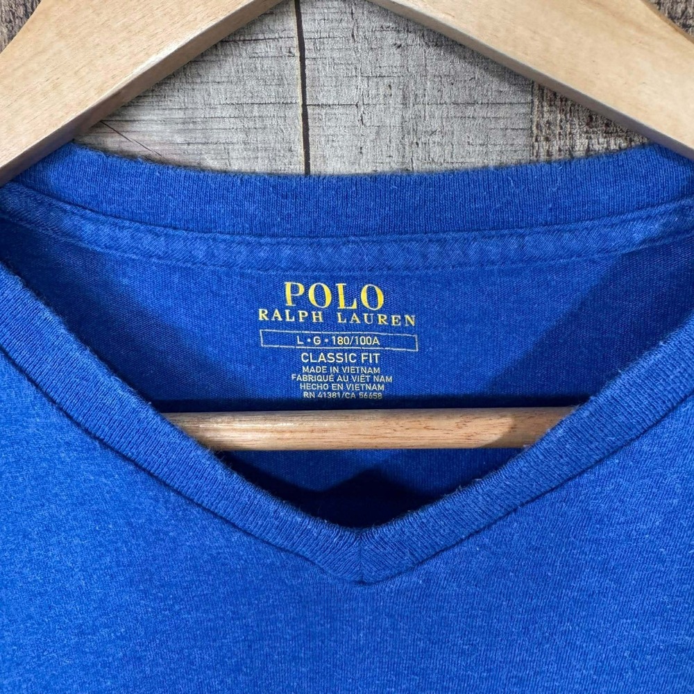 Polo Ralph Lauren Mens Royal Blue V-Neck T-Shirt Classic Fit Large Orange Pony - Picture 4 of 4